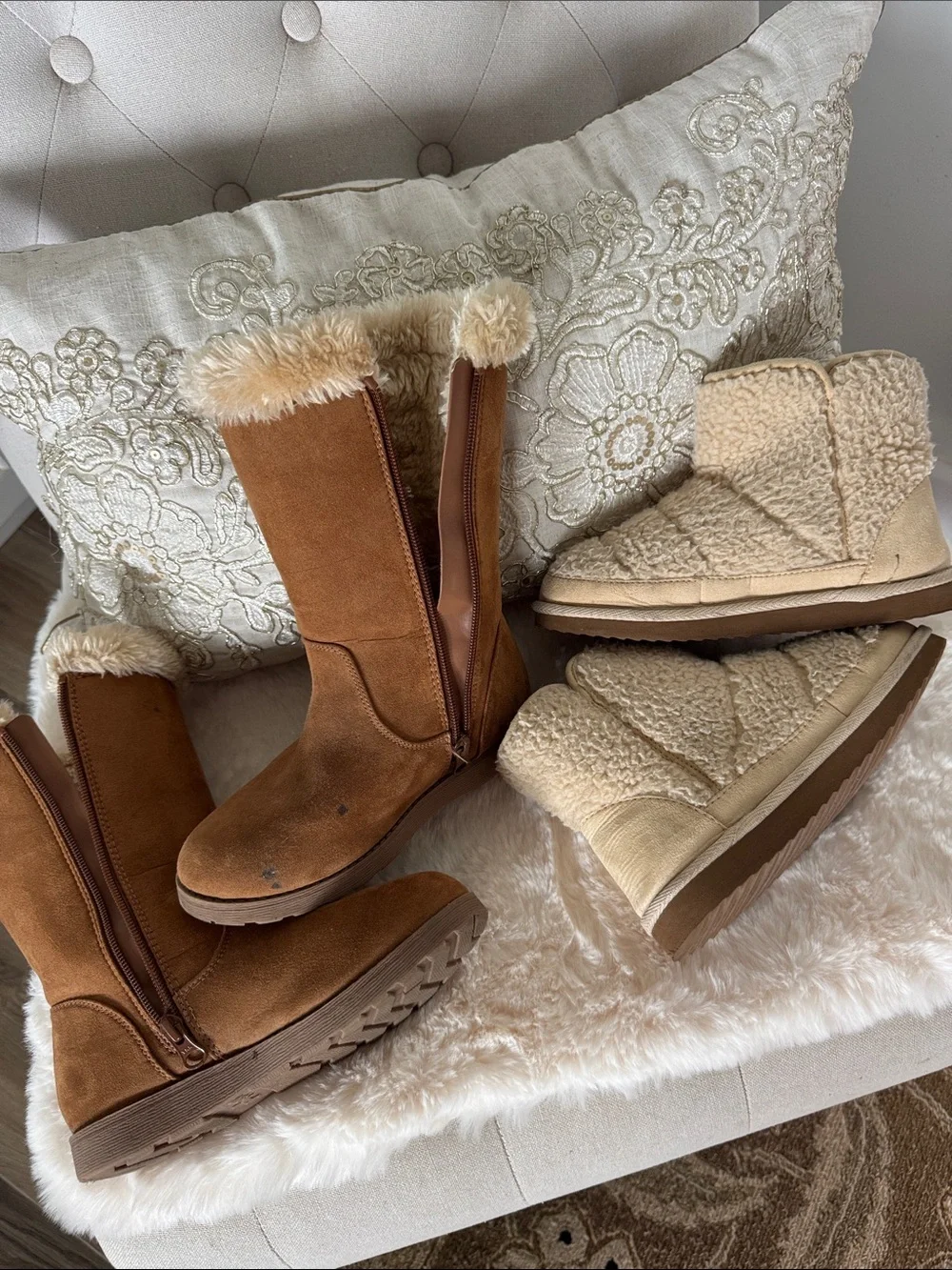 Cat & Jack Brown and Cream Faux Fur Kids Boots Duo